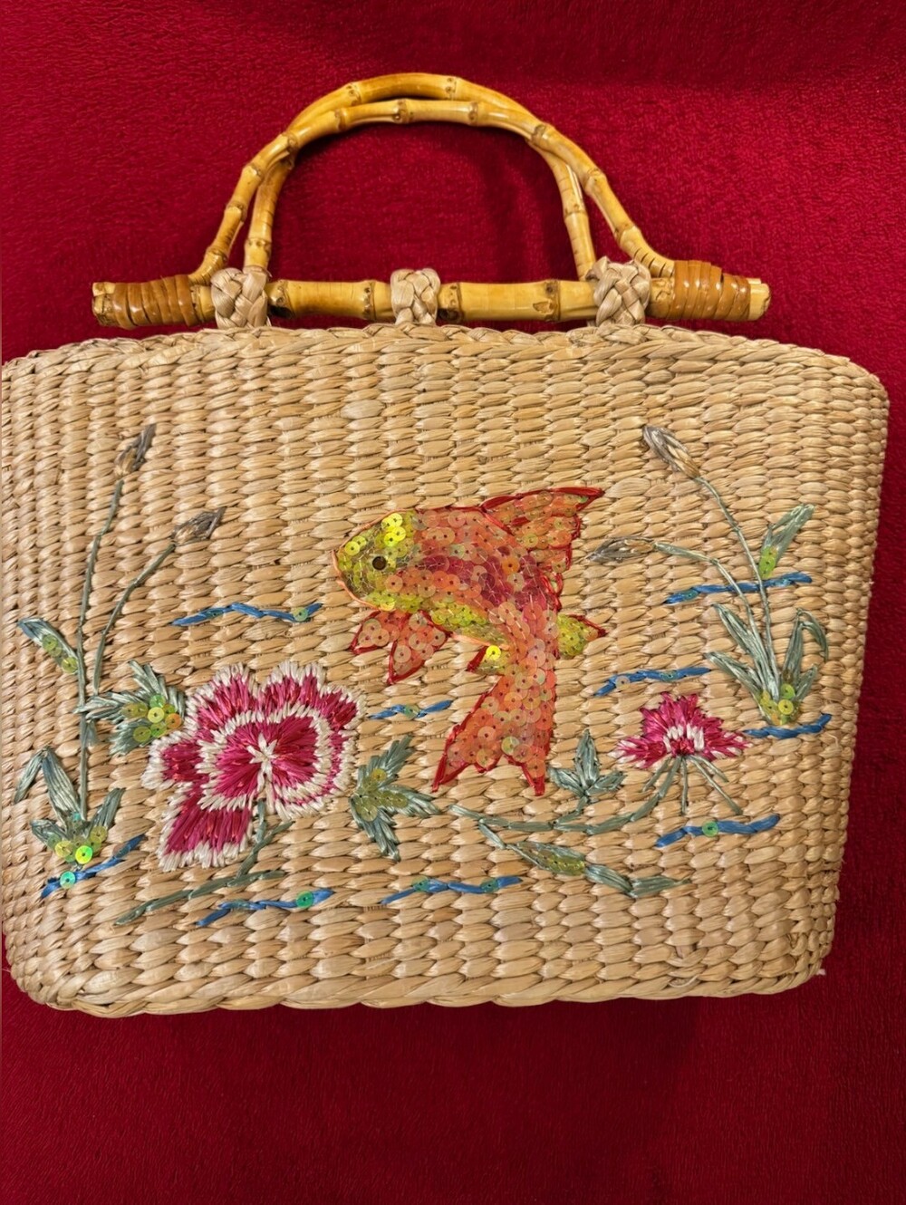 Vintage Straw Purse* Cappelli Straworld* 1960s Sequin Koi Fish* Tiki Summer Bag